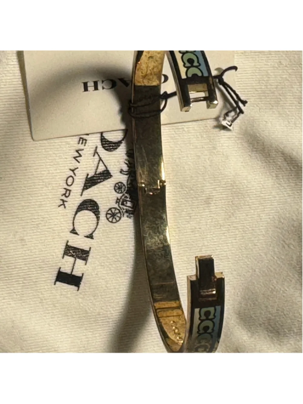 Coach repeating, C logo, gold, blue cream, green hinged enamel bracelet￼